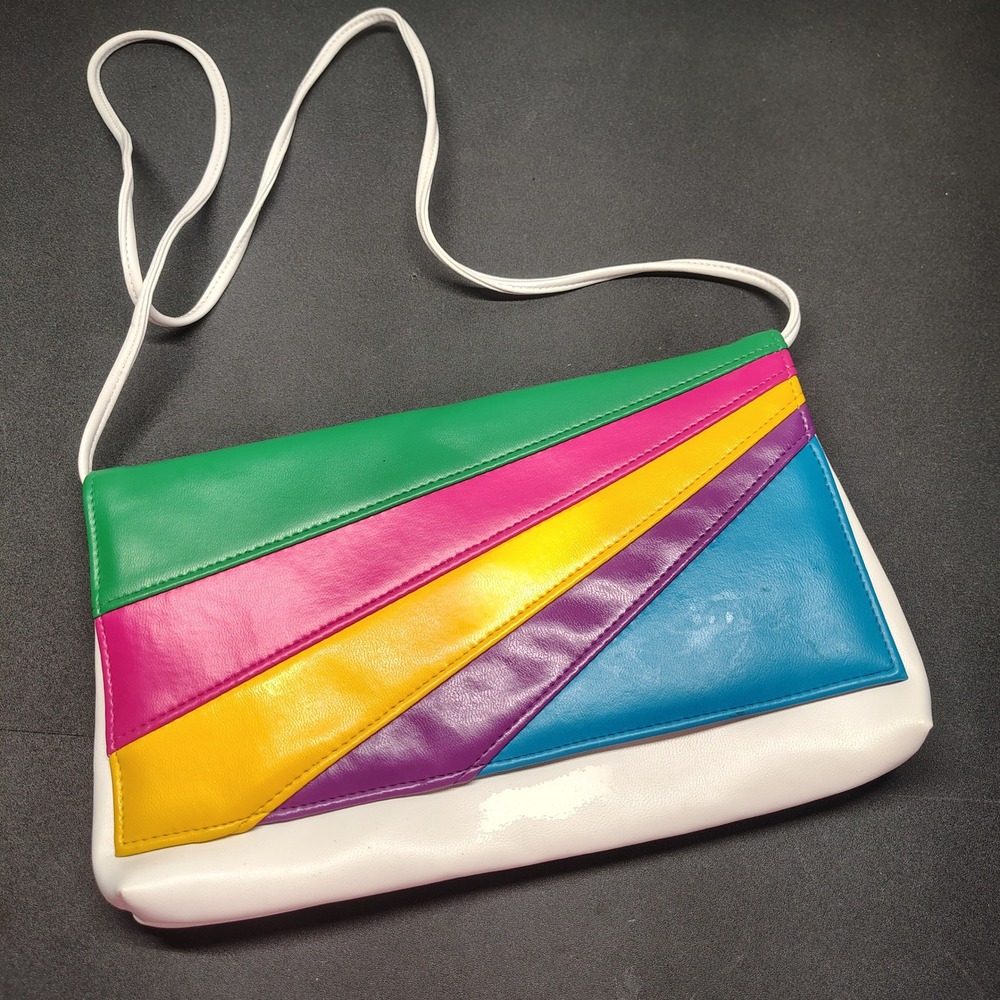 Vintage Rainbow Crossbody Bag Womens Medium White Multi Retro 80s Style